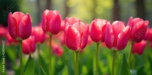 Dark pink tulips bloom vibrantly in NYC's Bryant Park's spring scenery , city, detail