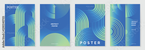Abstract line wave poster background vector set. Minimalist cover template with vibrant perspective line wave in motion. Ideal design for social media, cover, banner, flyer, music, ads.