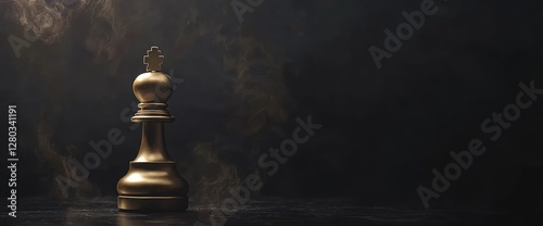 Photo of a golden chess piece leading other pieces on a black background, symbolizing a strategic business plan and leadership concept with copy space for text.
