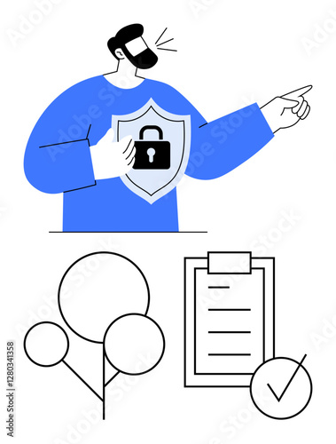 Individual holding locked shield, aligning with secure data, compliance checklist with tick mark, abstract tree-thumbs up structure. Ideal for data security, compliance, cybersecurity, privacy