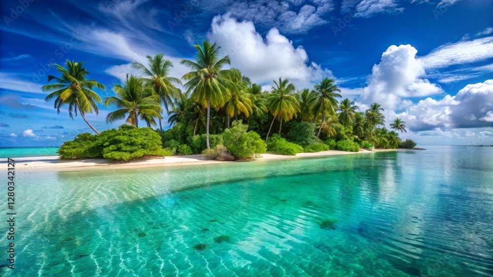 Tropical Island Paradise with Clear Blue Water and Lush Palm Trees Tropical Island Paradise with Clear Blue Water and Lush Palm Trees