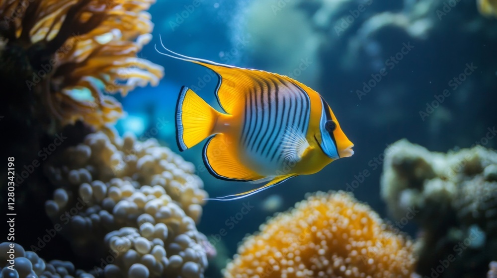 Yellow And Blue Fish Swimming Near Coral Reef Yellow And Blue Fish Swimming Near Coral Reef