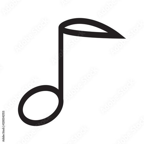Funny emoticon face with floating musical note, outline style.