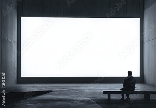 Photo of a large white screen in front of an audience at the cinema, with people sitting and watching a movie. Web banner with copy space on the left side.