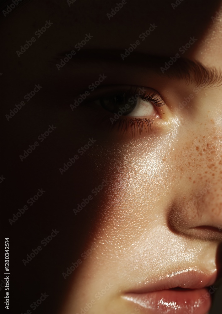 Fototapeta premium Close-up of a woman's face. the focus is on her eye, which is the focal point of the image. the eye is a deep blue color and is surrounded by dark shadows.