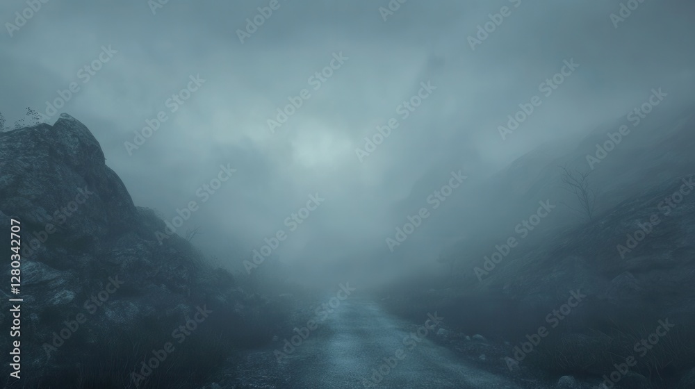 Dark and Mysterious Foggy Road Through Rocky Terrain in Eerie Landscape Setting