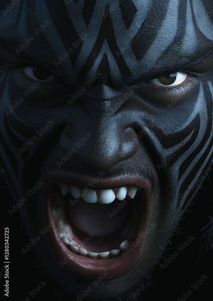 Naklejka premium Close-up of a person's face, specifically their face. the person appears to be angry or screaming, with their mouth wide open and their teeth bared.