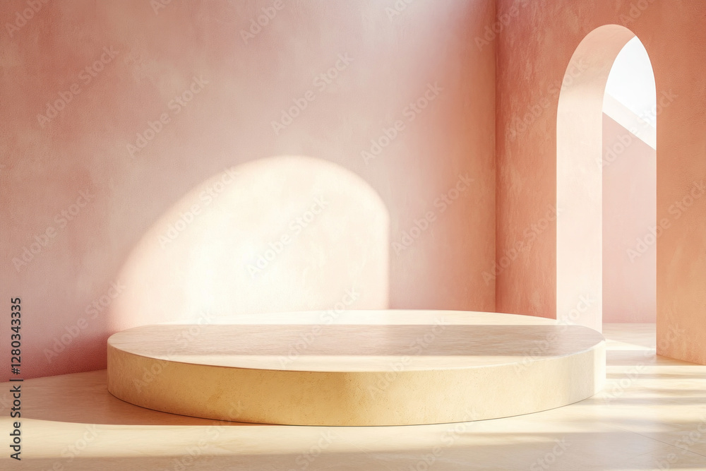 Round table in pink room, sunlight streaming through window, casting soft shadows. Round table in pink room, sunlight streaming through window, casting soft shadows.