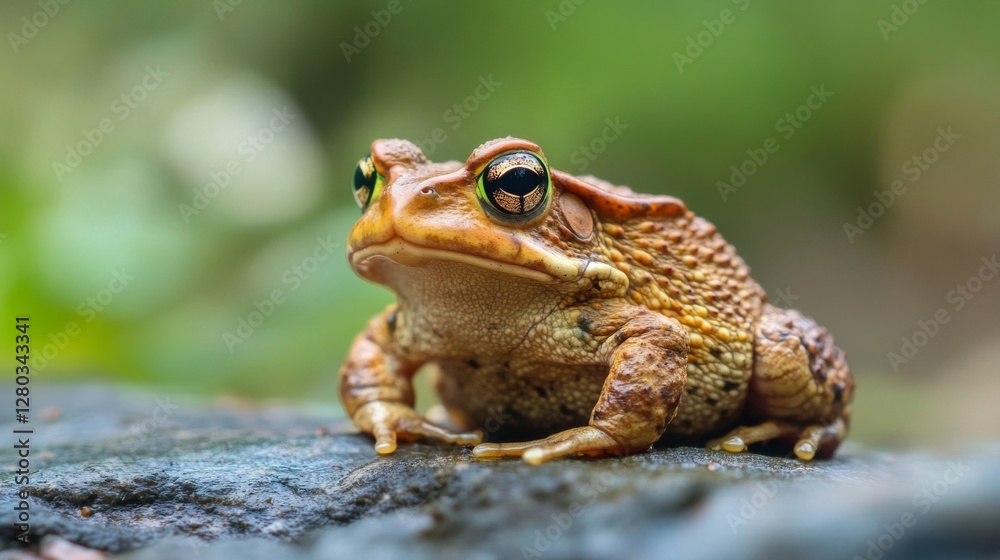 Brown Toad Closeup on Dark Rock, Green Eyes, Blurred Background Brown Toad Closeup on Dark Rock, Green Eyes, Blurred Background