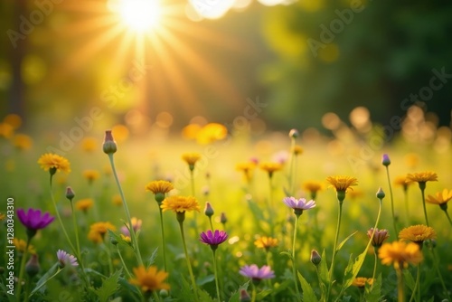 Golden sunlight bathes a meadow bursting with wildflowers , flora, sunshine, bright