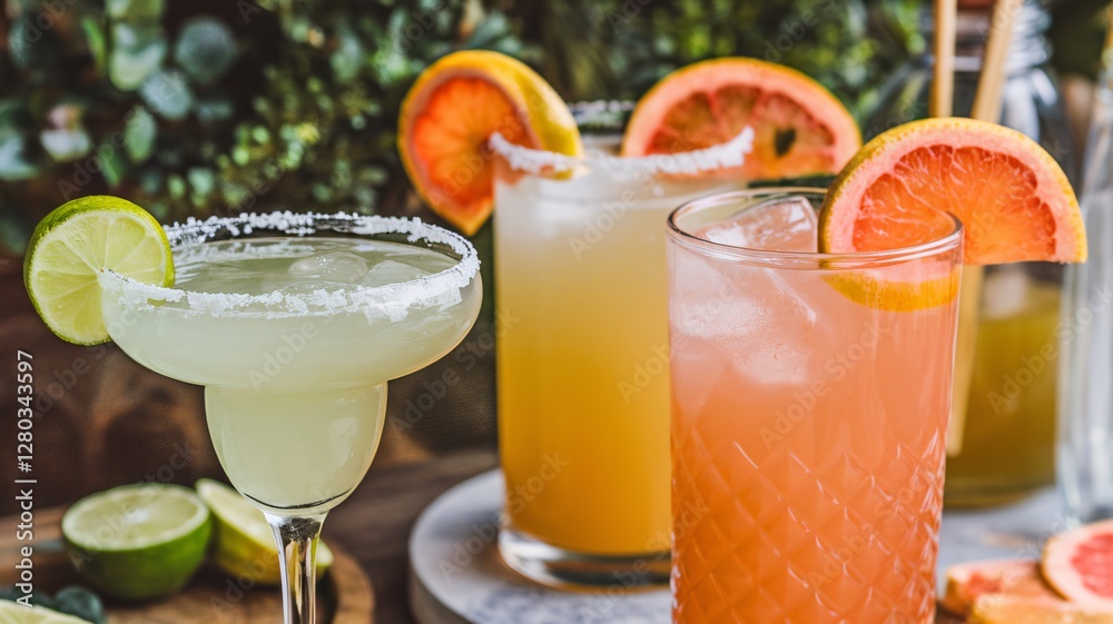 Fototapeta premium Refreshing cocktails served in elegant glasses with vibrant garnishes, perfect for summer gatherings.