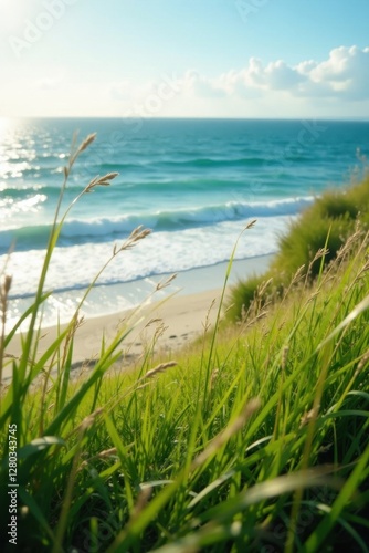 Sea breeze caresses slow-motion swaying grass near the ocean , light, breeze, green