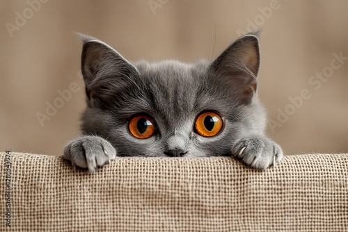 Curious gray kitten peeking over fabric backdrop
