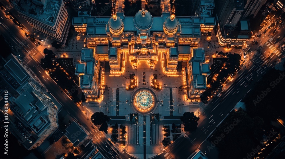 Aerial view of a grand historic palace illuminated at night, with a circular plaza and glowing city lights. The elegant architecture and urban landscape create a breathtaking scene Aerial view of a grand historic palace illuminated at night, with a circular plaza and glowing city lights. The elegant architecture and urban landscape create a breathtaking scene