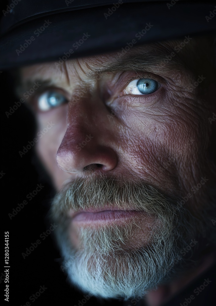 Close-up portrait of a man's face. the man has a white beard and mustache, and his eyes are looking directly at the camera. he is wearing a black hat, which is partially obscured by the hat. Close-up portrait of a man's face. the man has a white beard and mustache, and his eyes are looking directly at the camera. he is wearing a black hat, which is partially obscured by the hat.