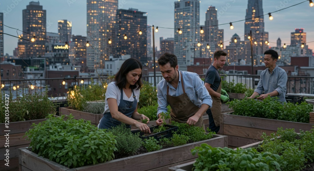 Rooftop Urban Farming: Cultivating Fresh Herbs Against a City Skyline Backdrop Rooftop Urban Farming: Cultivating Fresh Herbs Against a City Skyline Backdrop