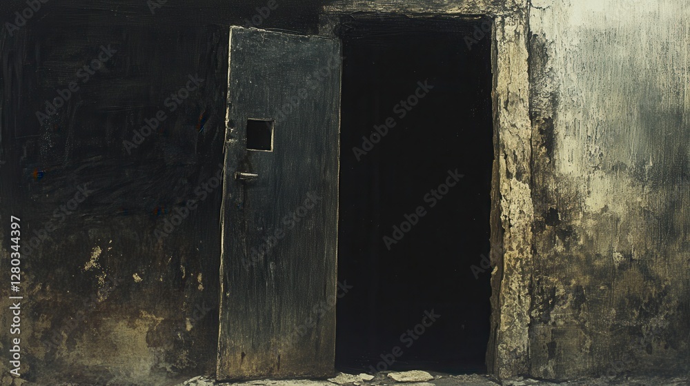 Mysterious Dark Doorway with Weathered Walls and Grungy Texture in Urban Environment Mysterious Dark Doorway with Weathered Walls and Grungy Texture in Urban Environment
