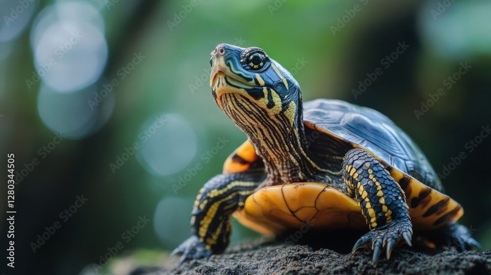 Closeup of a Yellow Bellied Turtle on a Rock with Green Bokeh Background Closeup of a Yellow Bellied Turtle on a Rock with Green Bokeh Background