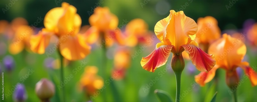 Pastel orange yellow and red iris flowers bloom in a garden bed, yellow, purple Pastel orange yellow and red iris flowers bloom in a garden bed, yellow, purple