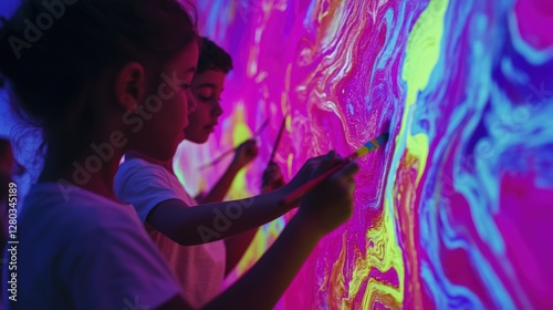 Children joyfully painting on a vibrant interactive digital wall, expressing creativity through colorful strokes in an immersive art exhibit