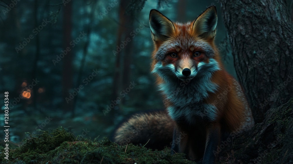 Obraz premium Red Fox in Snowy Winter Forest at Night