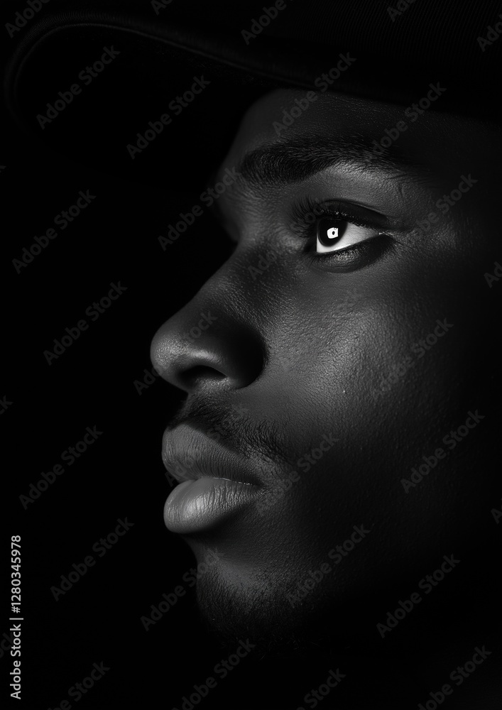 Black and white portrait of a man's face. the man is facing towards the right side of the image, with his head turned slightly to the left. he is wearing a baseball cap on his head. Black and white portrait of a man's face. the man is facing towards the right side of the image, with his head turned slightly to the left. he is wearing a baseball cap on his head.
