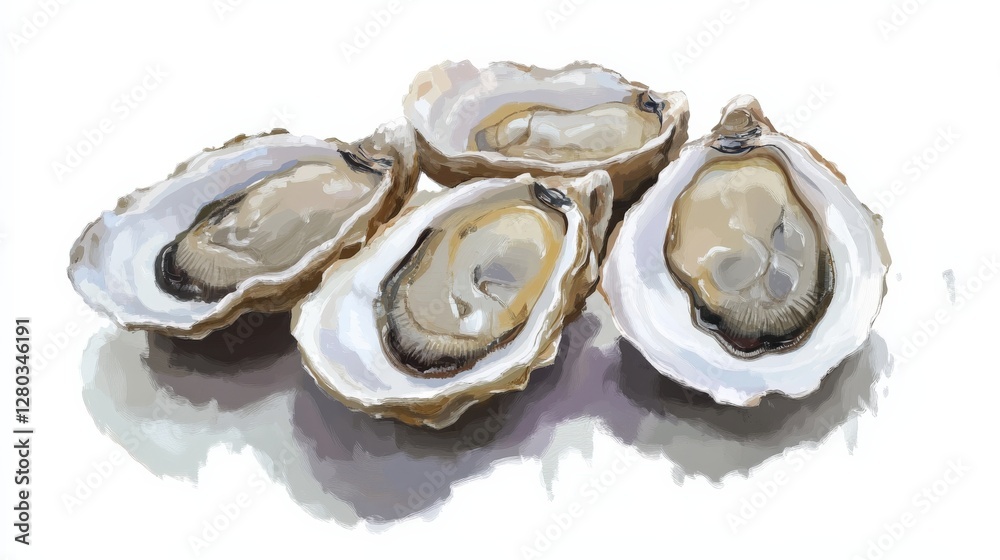 Freshly opened oysters displayed on a white surface, showcasing their glistening interiors Freshly opened oysters displayed on a white surface, showcasing their glistening interiors