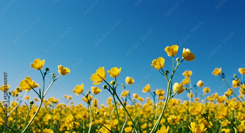 A Field of Vibrant Yellow Flowers Blooming Against a Bright Blue Sky. A Field of Vibrant Yellow Flowers Blooming Against a Bright Blue Sky.
