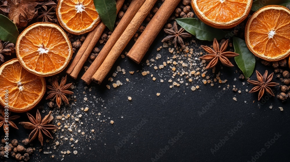 Spices and dried oranges on a dark background with cinnamon and anise Spices and dried oranges on a dark background with cinnamon and anise