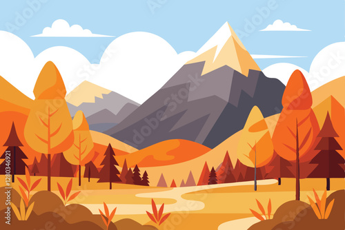 Colorful Autumn Landscape with Trees and Falling Leaves.A vibrant and cheerful autumnal scene.