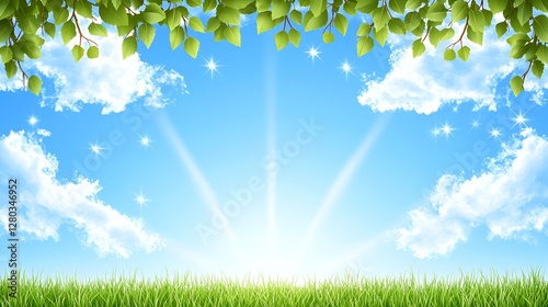 Bright Sunny Day Landscape with Green Grass and Blue Sky