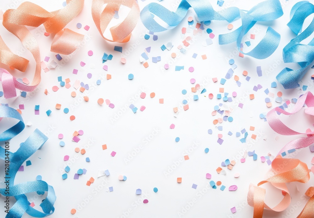 Colorful ribbons and confetti scattered on a white background, perfect for celebrations, events, parties, and festive occasions with a playful vibe Colorful ribbons and confetti scattered on a white background, perfect for celebrations, events, parties, and festive occasions with a playful vibe