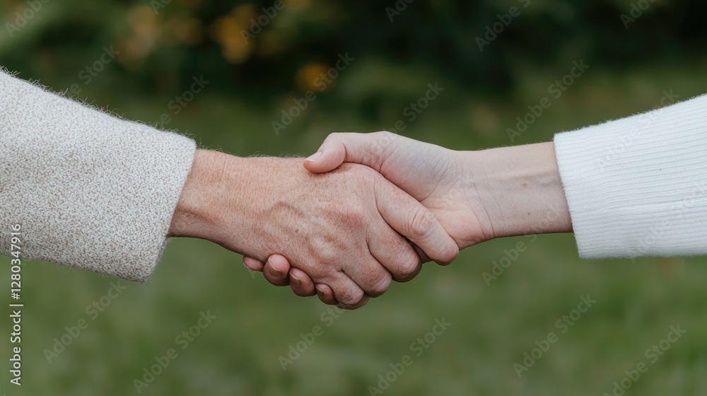Women shaking hands, park background, deal, agreement Women shaking hands, park background, deal, agreement