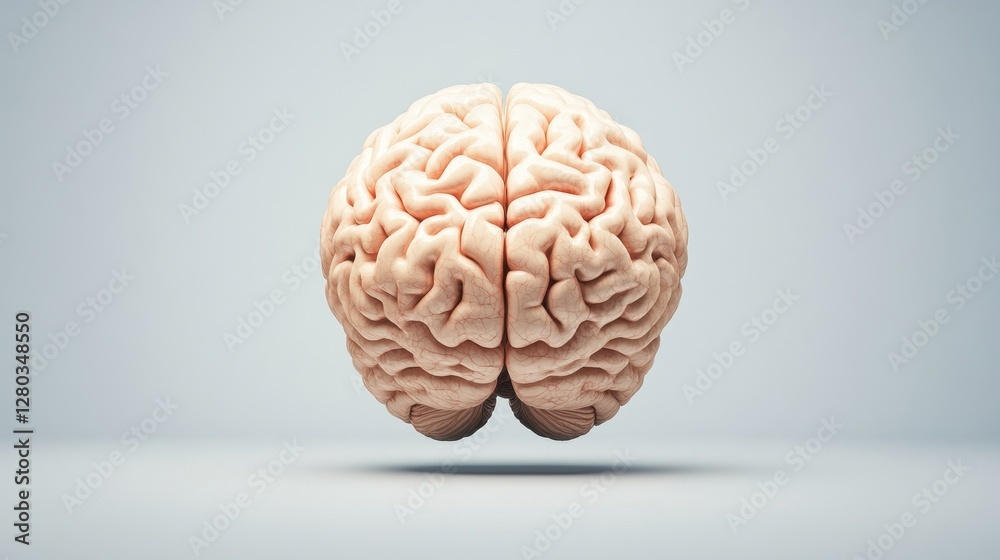 Obraz premium A realistic representation of a human brain, depicted in a floating position against a minimalistic background.