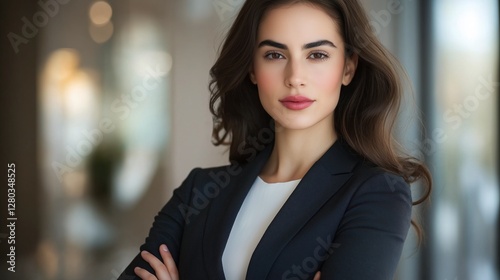 Portrait of a young woman with long brunette hair. she is wearing a black blazer and a white top.