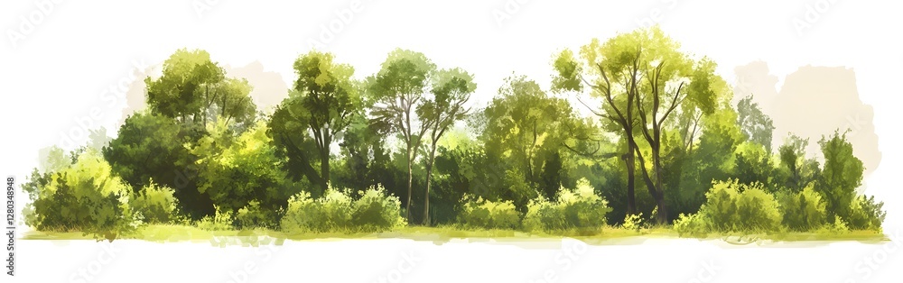 Obraz premium Stunning Panoramic Forest Landscape with Lush Pastel Green Foliage and Vegetation