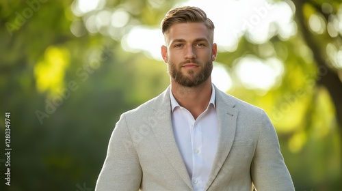 Portrait of a young man standing outdoors in a park or garden. he is wearing a light grey blazer over a white shirt and has a beard.