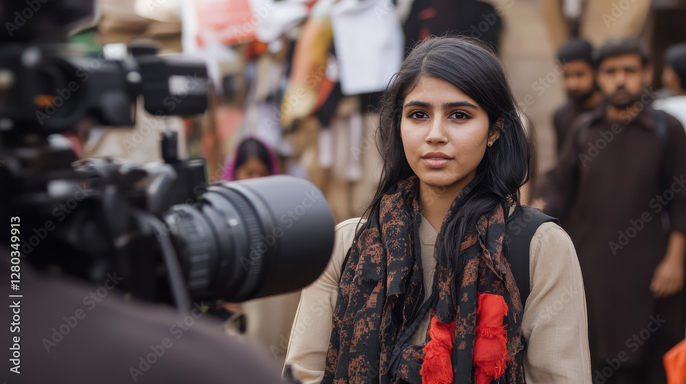 Fototapeta premium Journalist documenting women’s hardships and resilience in conflict areas - Women's Day