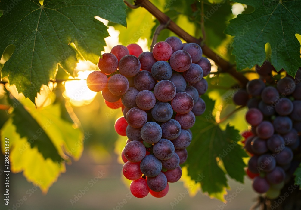 Sun-Kissed Bunch of Juicy Red and Purple Grapes Hanging From a Vine in a Lush Vineyard. Sun-Kissed Bunch of Juicy Red and Purple Grapes Hanging From a Vine in a Lush Vineyard.