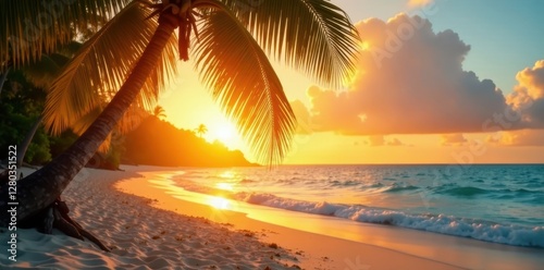 Golden sun rays filtering through palm leaves, beach at sunset , seascape, aesthetic