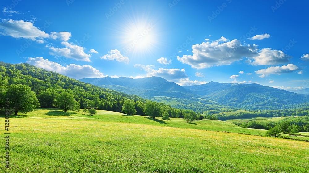 Obraz premium Bright Sunny Day Landscape with Lush Green Field and Distant Mountains