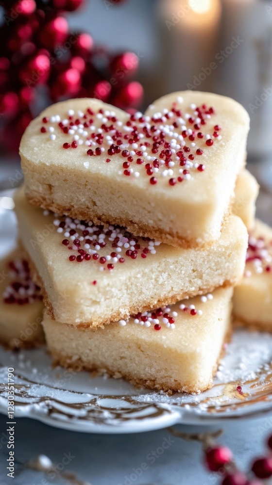 Heart-shaped shortbread cookies with red and white sprinkles on decorative plate. Shortbread Cookies Heart-shaped shortbread cookies with red and white sprinkles on decorative plate. Shortbread Cookies