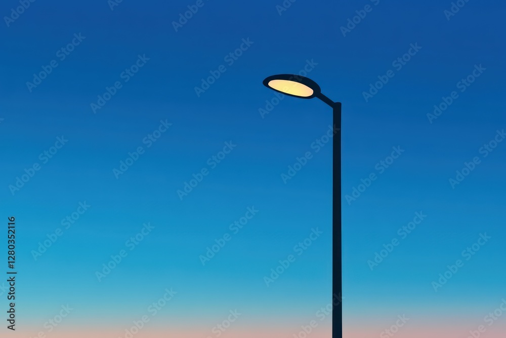 A silhouette of a curved lamp post against a background of a cloudless blue evening sky. A silhouette of a curved lamp post against a background of a cloudless blue evening sky.
