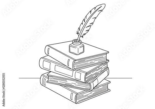 Black and white stack of books with quill and inkwell coloring page, standard print size