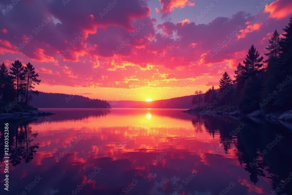 Obraz premium Vibrant orange and purple hues paint Minnesota lake at sunset , outdoor, peaceful