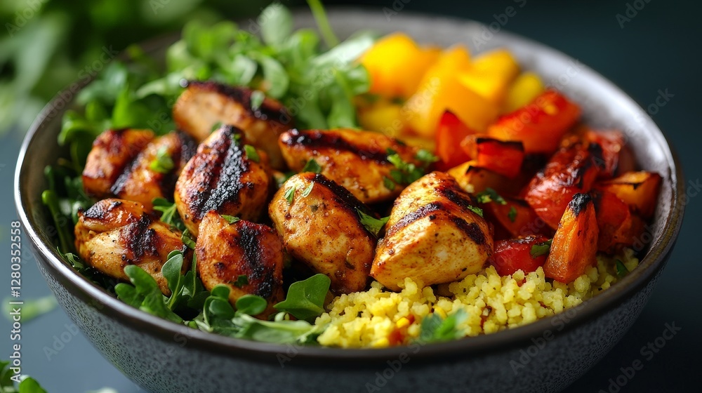 A colorful bowl of grilled chicken, vegetables, and grains, showcasing a healthy meal. A colorful bowl of grilled chicken, vegetables, and grains, showcasing a healthy meal.