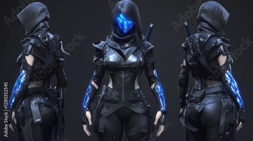 Futuristic female character in sleek armor showcasing advanced technology and stealth features photo