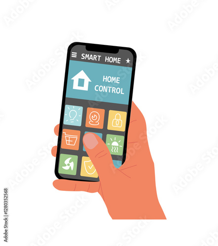 Hand holding smartphone with Smart home application on screen, Home automation, Controlling house devices, Remote control technology system mobile app in phone. Vector illustration isolated