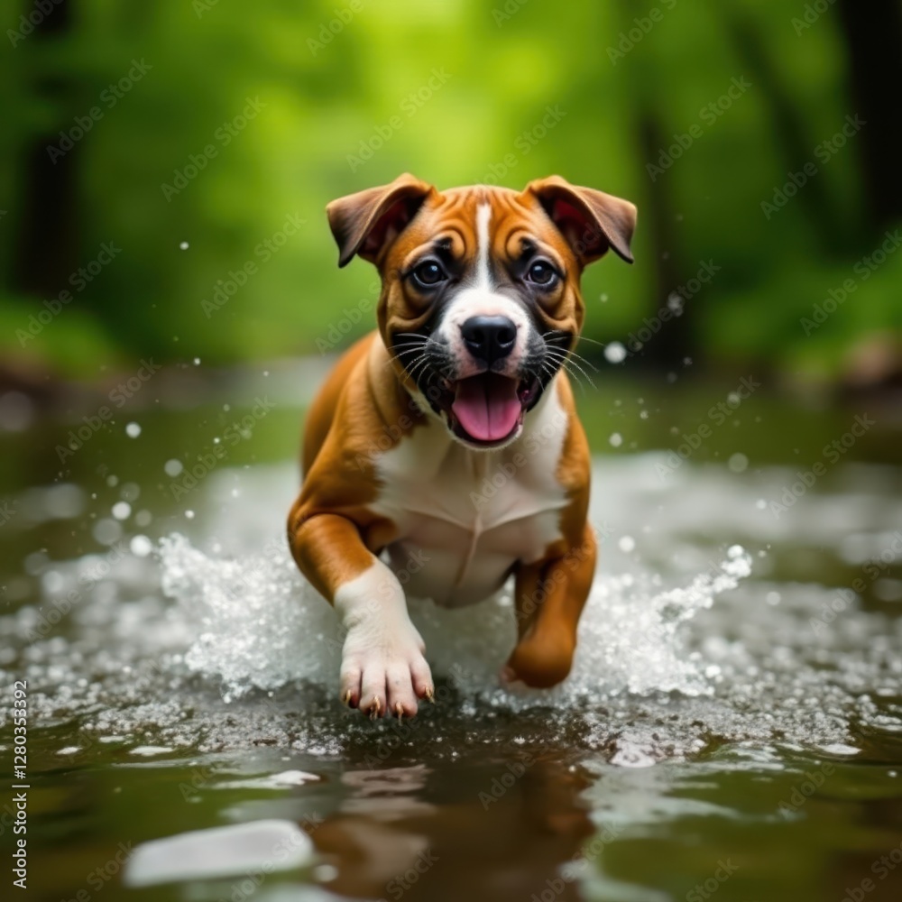 Obraz premium Happy boxer pitbull puppy splashing, forest creek, hot day relief, trees, pitbull