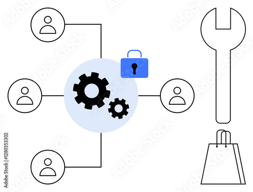 Central gears connecting people icons with a blue security lock, a wrench, and a shopping bag. Ideal for teamwork, security, tools usage, shopping, e-commerce, project management and networking